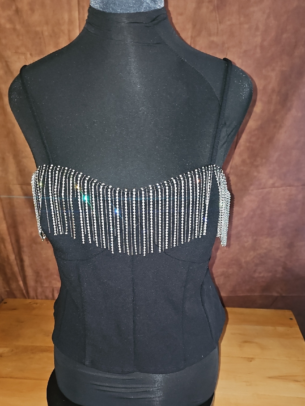 Sincerely Jules Black Rhinestone Fringe Bustier Top